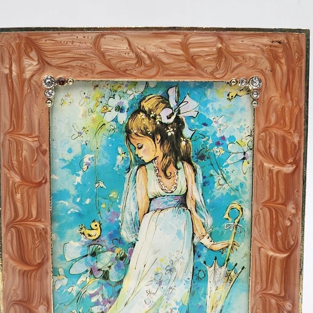 Vintage Peach Marbled Resin Frame Faux Crystals Fantasy Ephemera Card 4x6 Photo